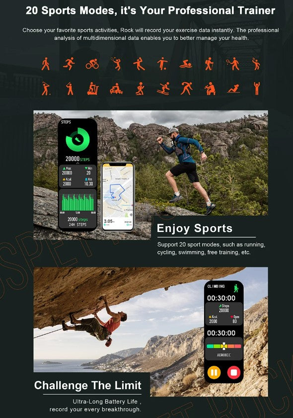 ROCK Rugged Smart Watch For Men Outdoor Sports - Black