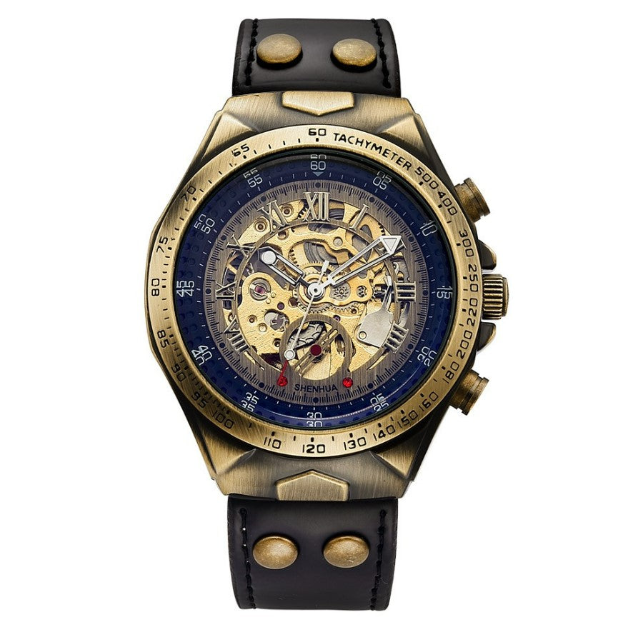 S076 Antique Fully Automatic Mechanical Watch - Black Strap