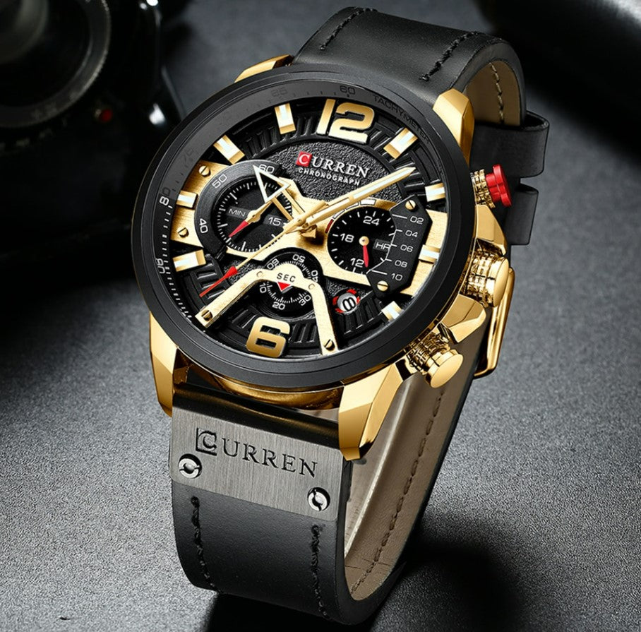 CURREN Casual Sport Watches Chronograph Wristwatch for Men - Gold Black