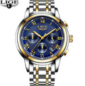 Men's Watch LIGE Multi-Function Three-Eye Corrugated Watch - Gold/Blue