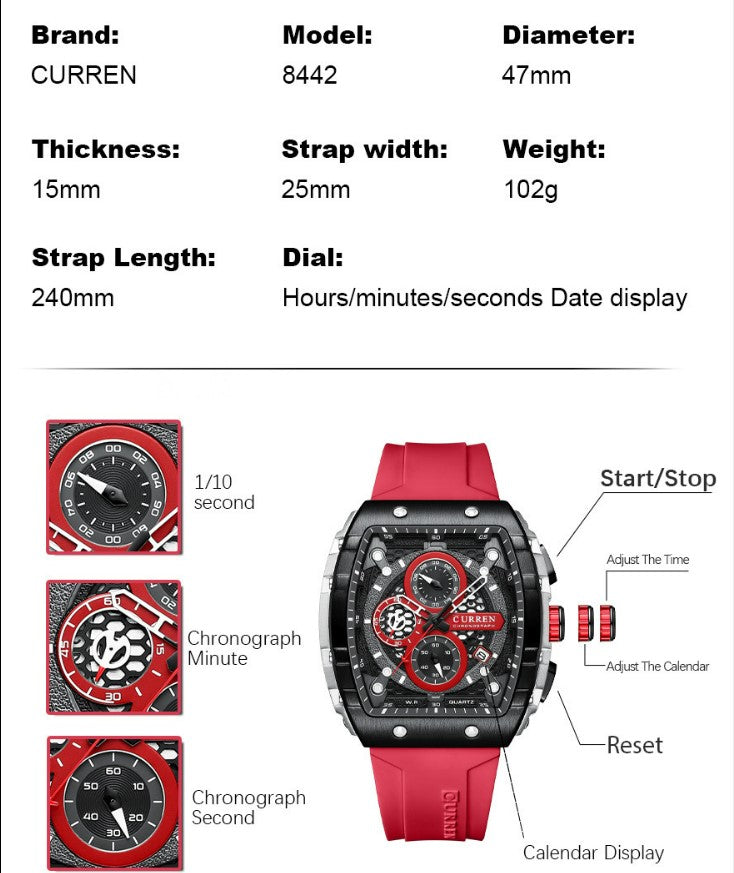 CURREN 8442 Men's Waterproof Six Needle Quartz  Multifunctional Watch Men's Watch - Black